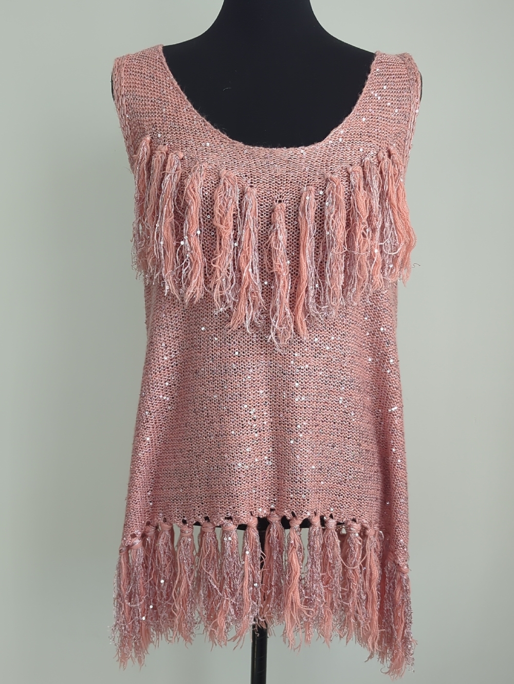 Pretty Angel Boho Blush Pink Fringed Sequin Sparkle Knit Tank Top LARGE